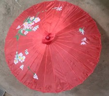 Vtg Silk Parasol Red Oriental Hand Painted Floral Designs Bamboo Handle