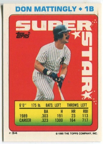1990 Topps Sticker Card #34 Don Mattingly New York Yankees (Sticker #92)