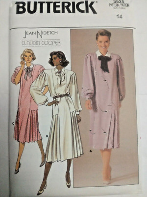 Dress Loose Mid Calf 14 Butterick 3525 Sewing Pattern UC VTG 80s Pleats Bow Tie