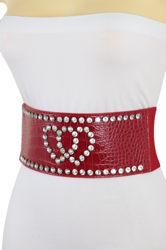Women Red Elastic Wide Belt Hip High Waist Silver Heart Love Friendship Size S M - Picture 20 of 23