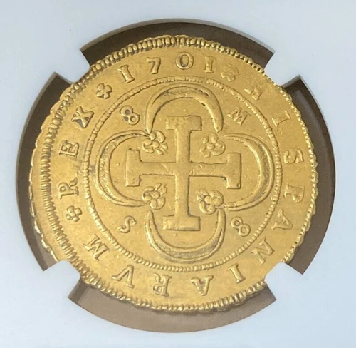 RARE 1701 SPAIN 8 Escudos NGC AU53 gold Pirate Treasure Jerusalem Cross Flowers