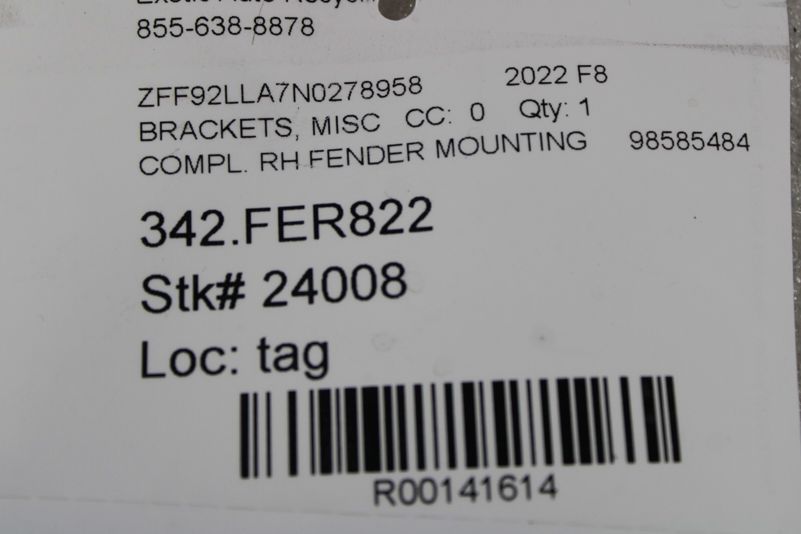 Ferrari F8 Tributo, RH, Right, Fender Mount Bracket, Used, P/N 985854843