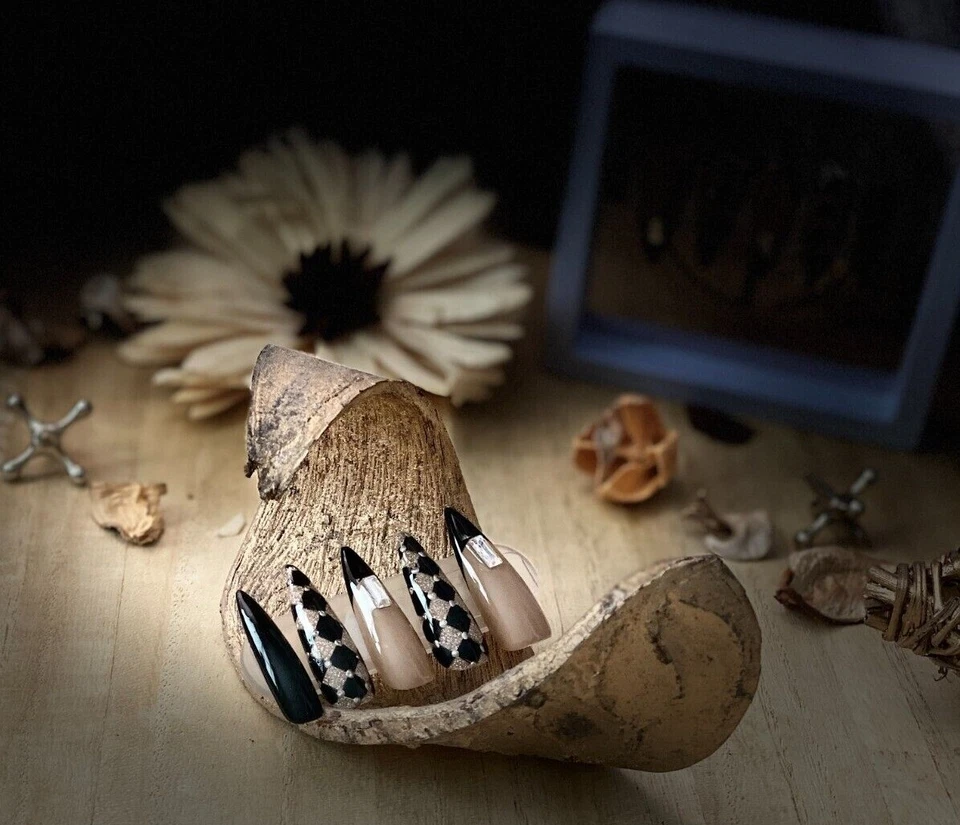 Glossy Gel With Crystal False Nails Design Hand Painted Nail Fake False Glue on - Image 4 of 4