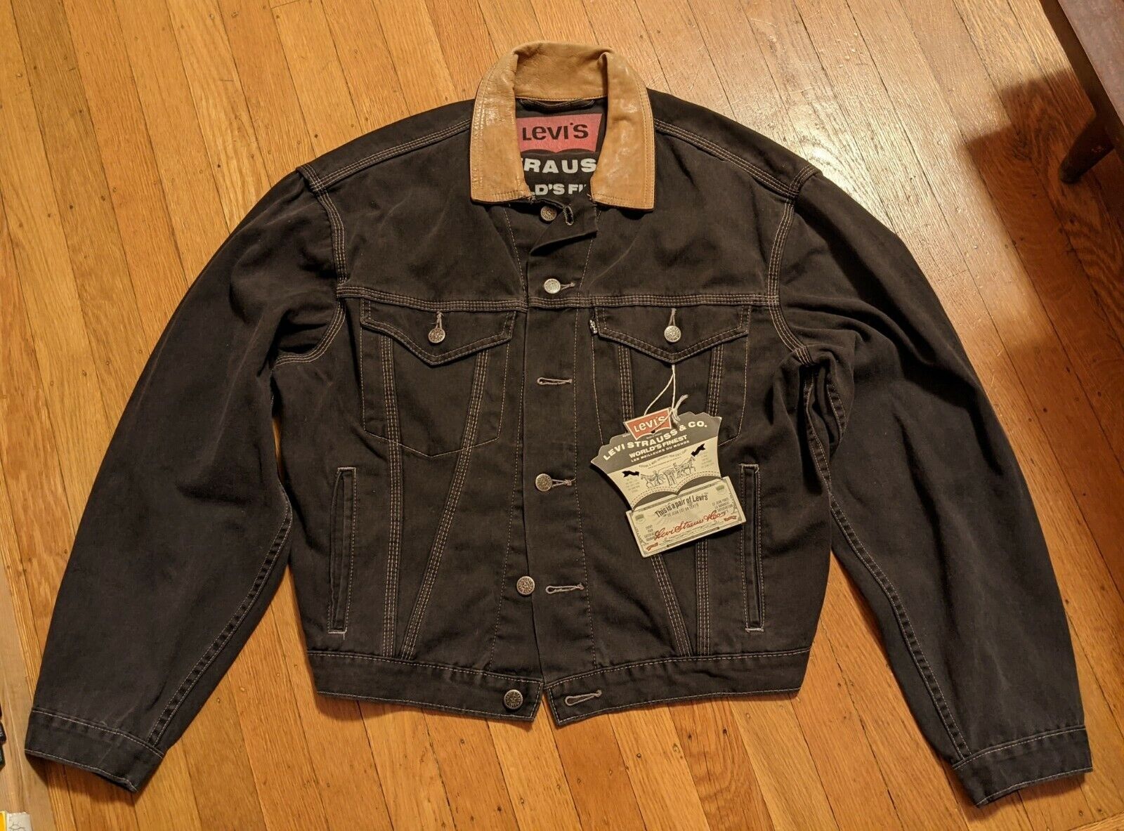 VinTaGe LEVI LEATHER COLLAR BLACK DENIM TRUCKER JACKET S | eBay