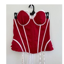 NWT Fredericks of Hollywood Red White Corset Garter Top XL 6093 Lace Up Ruffle