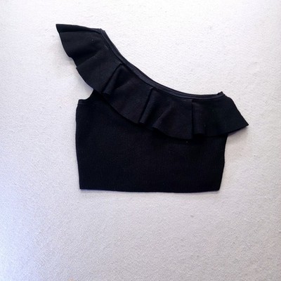 Express Black One Shoulder Ruffle Ribbed Knit Crop Top Womens Large Chic Party