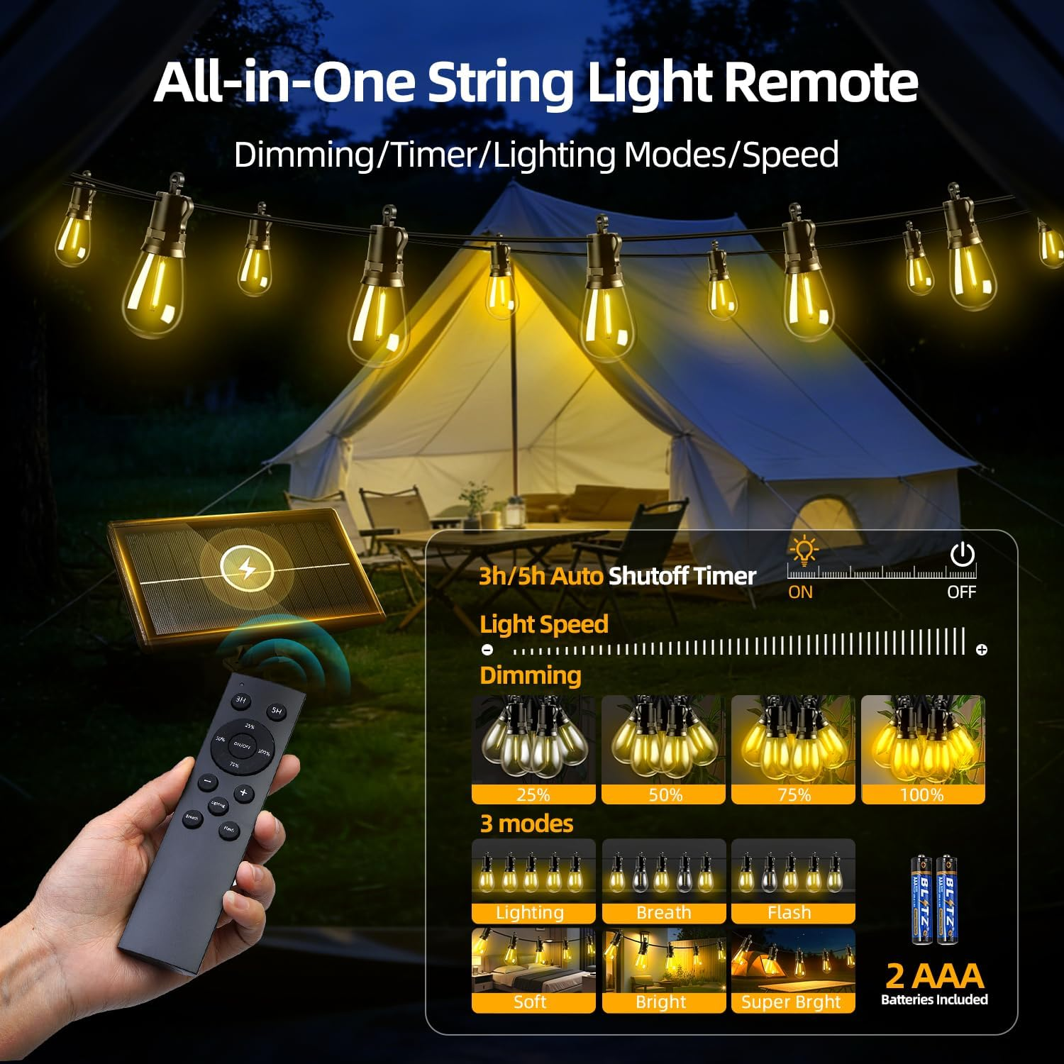 String Attached Remote 50FT Solar String Lights S14 | Remote Control | 3 Modes | IP65 ...