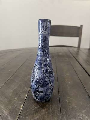 Vtg John Devlin Pottery Blue Bud Vase 1970s Leaf Floral Imprint Embossed 7 