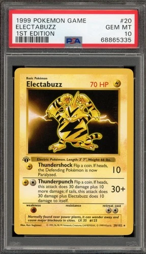 Pokemon Electabuzz Base Set Shadowless 1st Edition Rare #20 PSA 10 Gem Mint