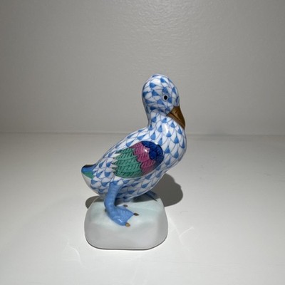 Herend Porcelain Duck Figurine Blue Fishnet Pattern Hand Painted Gold Accents