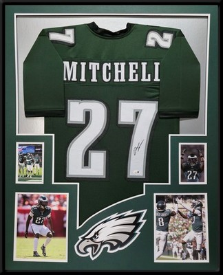 PHILADELPHIA EAGLES QUINYON MITCHELL SIGNED FRAMED CUSTOM GREEN JERSEY JSA COA