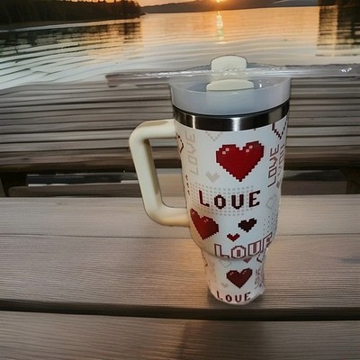 40oz Valentine Heart Tumbler Cup w/Handle & Straw -Insulated Travel Mug