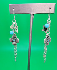 Silvertone Blue Flower Dangle Pierced Earrings