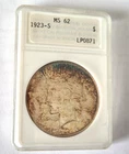 Rare 1923-S Peace Dollar  ANACS MS 62 Silver $1 Coin Genie Lamp Holder
