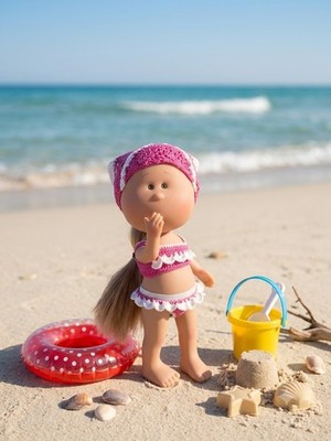 Badeanzug Handgestricktes Strandset (Bikini und Kopftuch) für Puppen (z.B. Mia