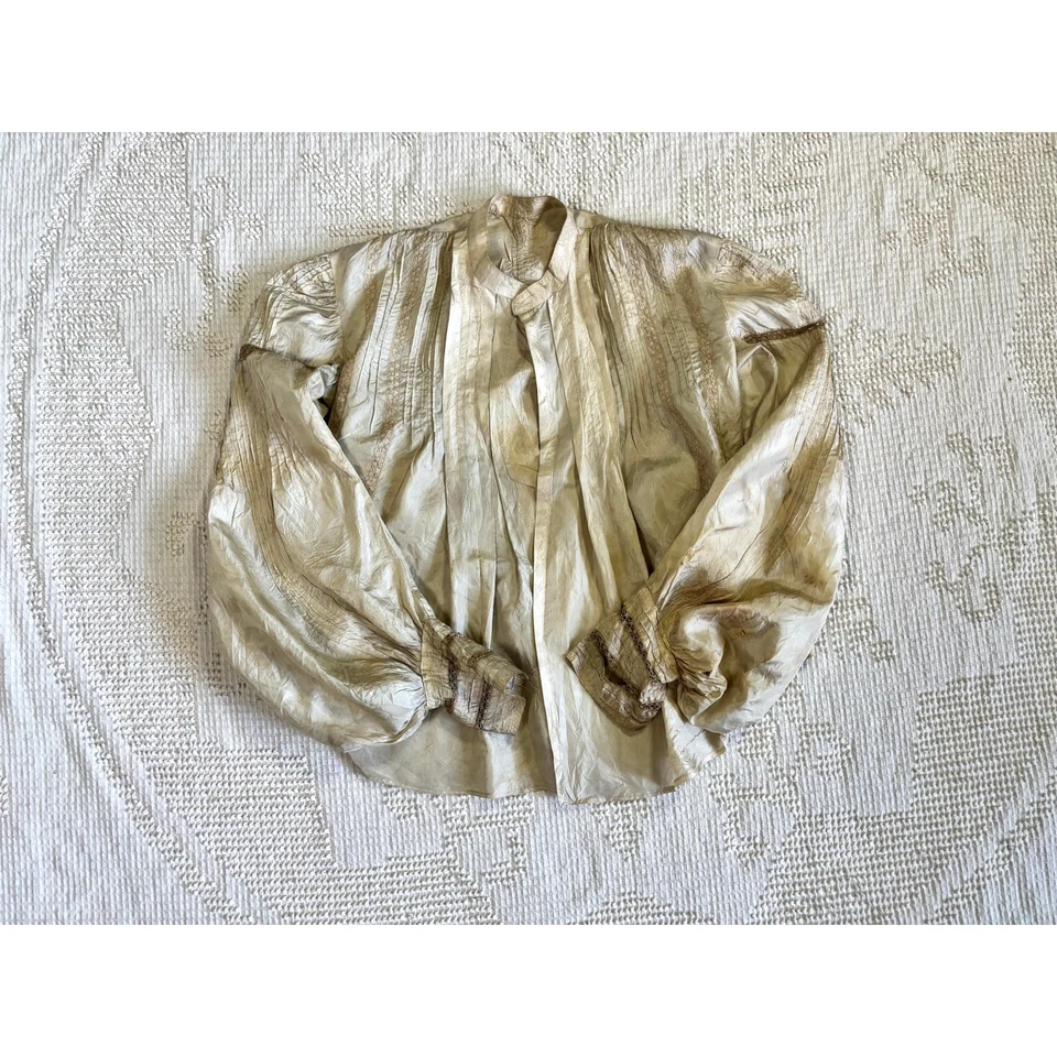 Старинная викторианская шелковая блузка экрю с кружевными складками объемные рукава как есть - Изображение 3 из 4