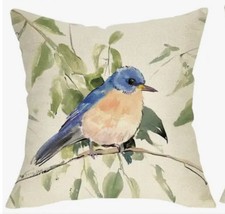 Blue Bird Nature Garden Watercolor Linen Throw Pillow Cover Home Decor 18x18  