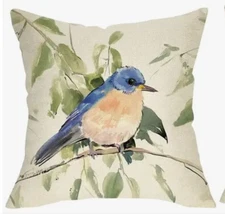 Blue Bird Nature Garden Watercolor Linen Throw Pillow Cover Home Decor 18x18”
