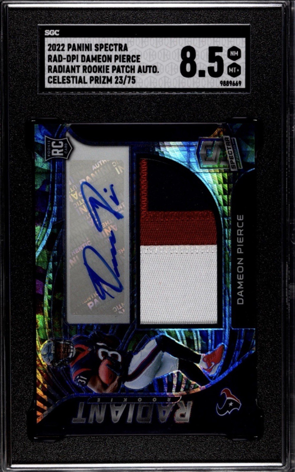 2022 Panini Spectra Dameon Pierce RadiantRookie Patch Auto Celestial /75 SGC 8.5
