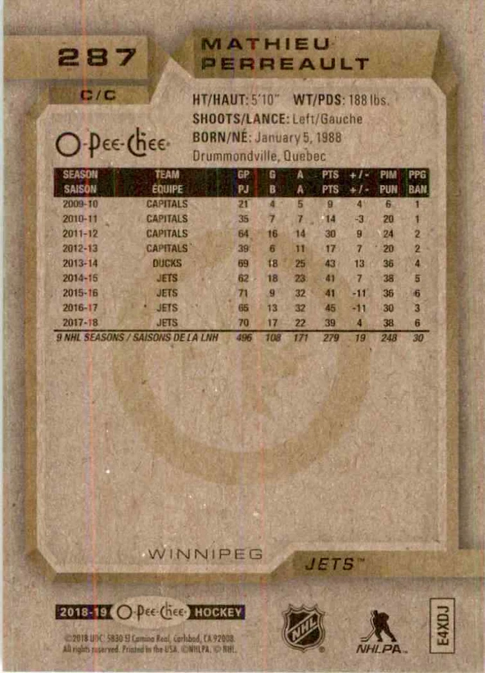 2018-19 O-Pee-Chee Mathieu Perreault #287 - Image 2 of 2