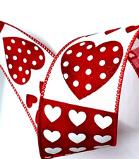 Valentine 2.5" by 6 yds Vertical Block Wired Ribbon White Red Patterns on White