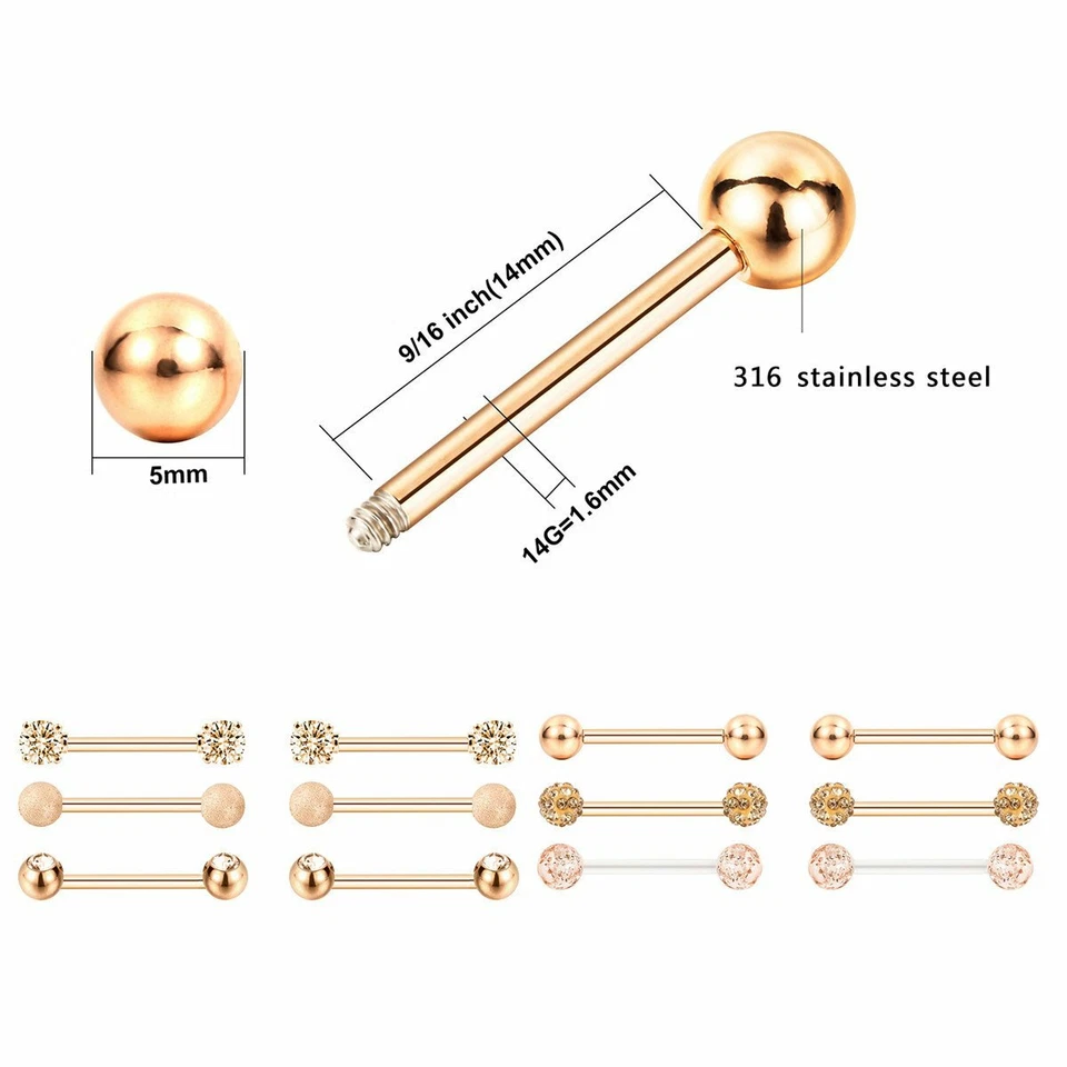 12PCS Surgical Steel CZ Nipple Tongue Rings Nipple Rings Barbell Body Piercing - Image 2 of 4