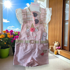 Little Lass Girls 4T 3-Piece Overall Shorts Top Sunglasses Pink Embroidery NWT