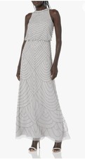 Adrianna Papell 10 Silver Gown Halter Beaded Formal Maxi Dress Retail 199