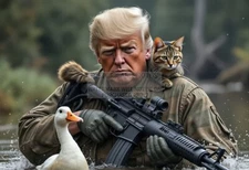 PRESIDENT DONALD TRUMP DEFENDING THE CATS AND DUCKS IN THE LAKE 13X19 AI PHOTO