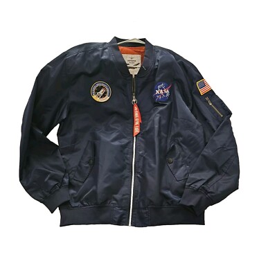 Alpha Industries NASA Space Force Navy Blue Bomber Jacket Large Patches USA Zip