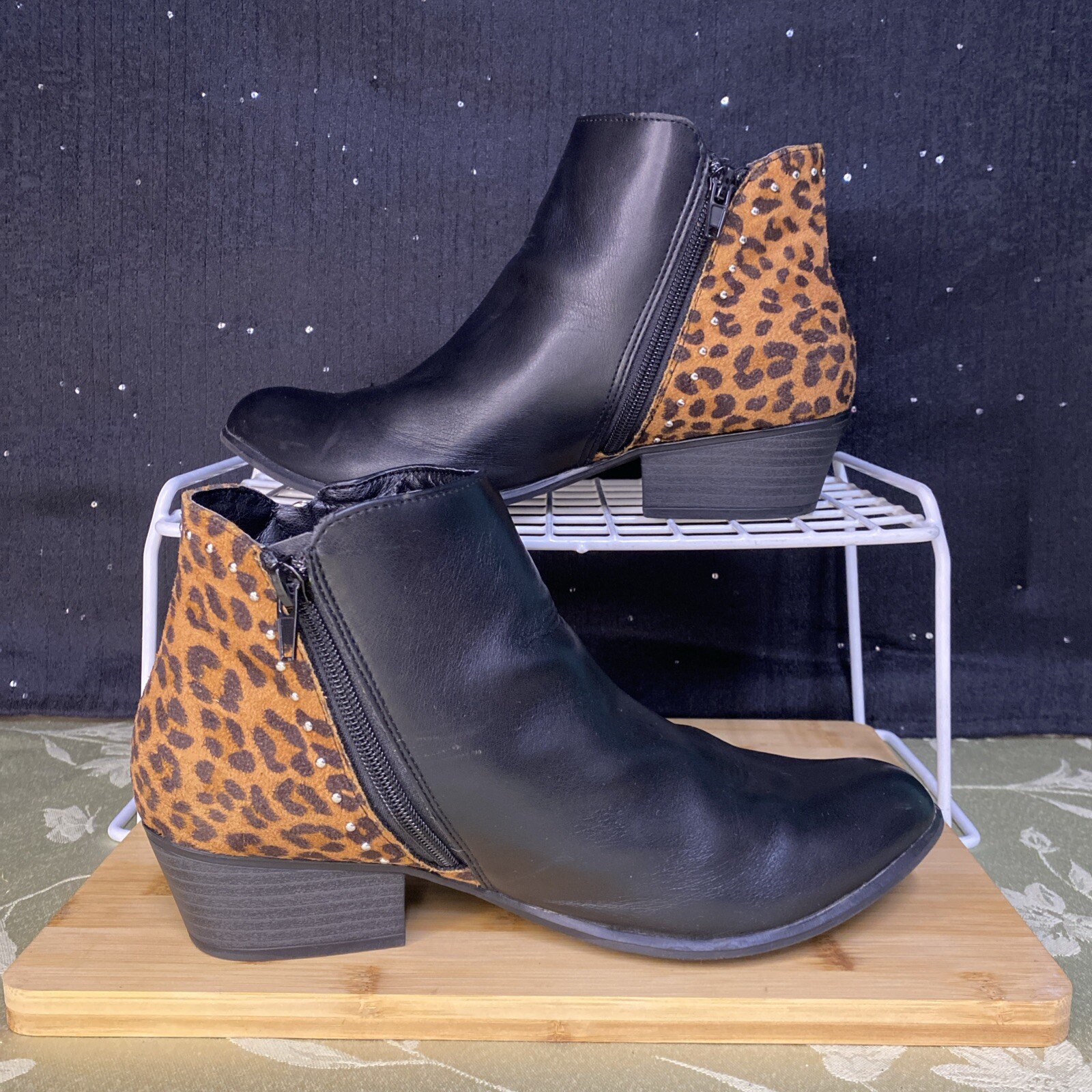 Esprit Topaz Black Animal Print Cowgirl Boots Size 8.5 Zipper Studded Slip-on