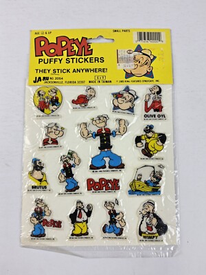 Vintage 1985 Puffy Sticker Sheet POPEYE Stick-Ons Ja-Ru Kings Features Syndicate