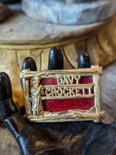 Vintage Davy Crockett Belt Buckle Gold Tone With Red Glitter Background 3 By 2"
