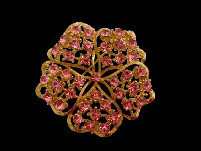 Vintage Lisner Signed Pink Gold Tone Floral Flower Rhinestone Brooch Pin