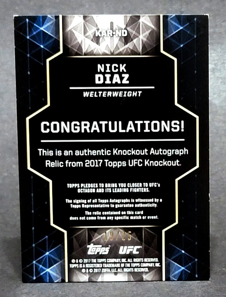 2017 Topps UFC Knockout Autographed Relics Blue #KAR-ND Nick Diaz 19/25 - Image 2 of 2