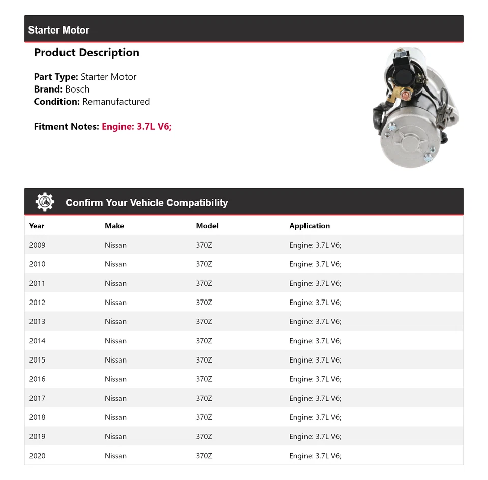 For 2009-2020 Nissan 370Z 3.7L V6 Bosch Starter (Remanufactured) 2010 2011 2012 - Image 2 of 4