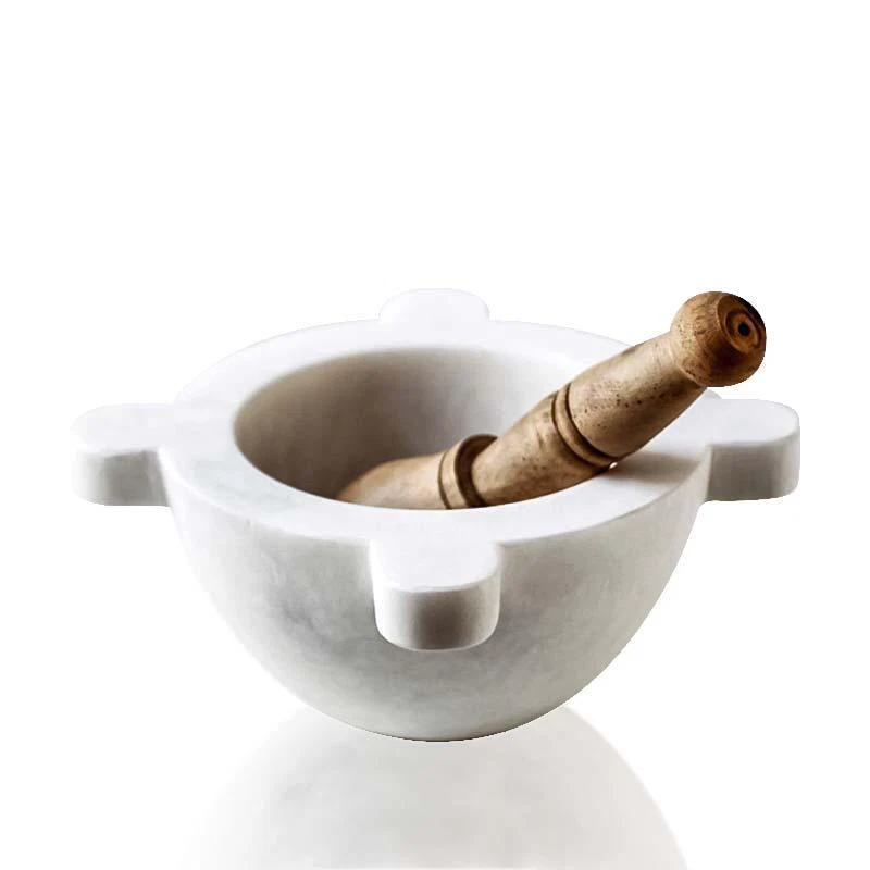 White Marble Kitchen Mortar With Wooden Pestle 18Cm