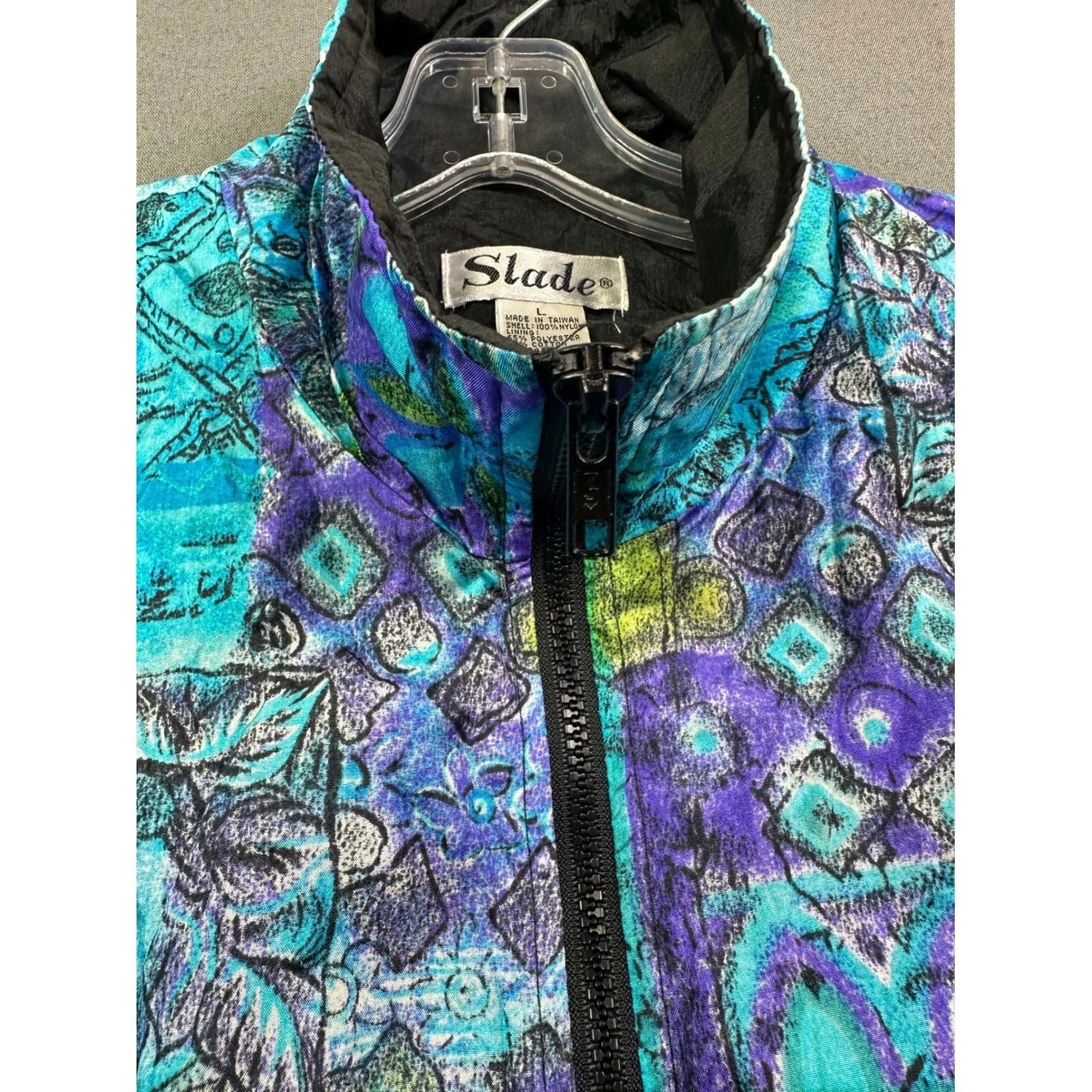 Vintage Slade Women Large Abstract Geometric Windbreaker Jacket Teal Purple 90s