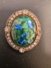 XL Antique Glass In Metal Oval Button W/Rhinestone Accent  1-5/8” X 1-3/8”