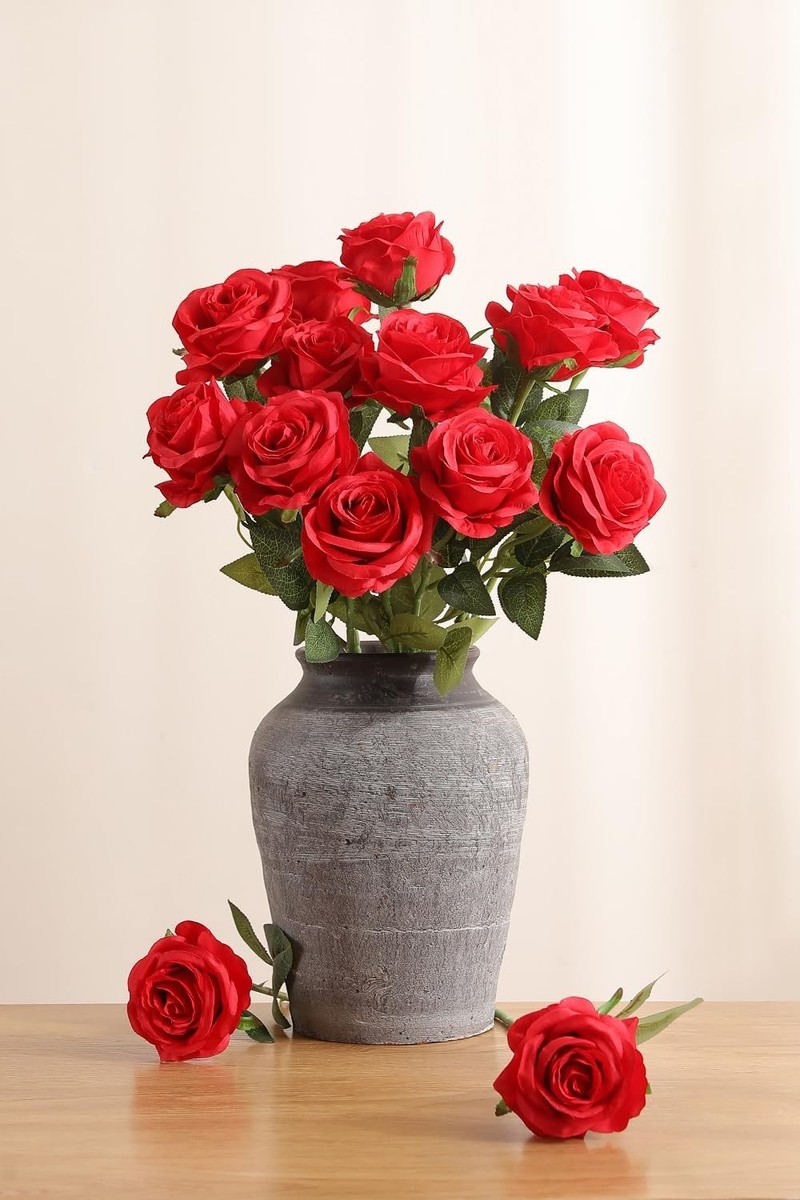 Luyue 10PCS Artificial Roses Flower with Stems Slik Fake Flowers A-red , $20.41