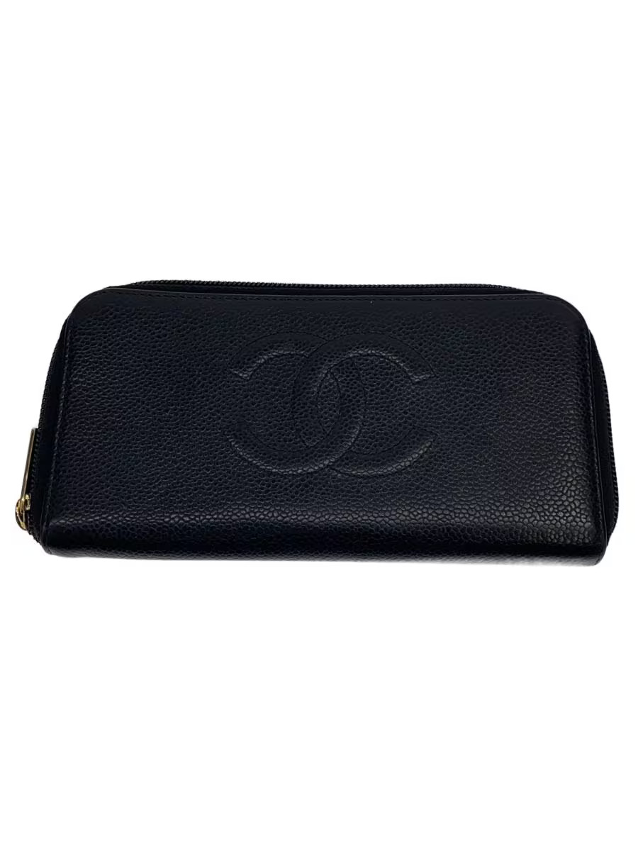 CHANEL Caviar Skin Coco Mark Round Zipper Long Wallet Leather BLK Women s