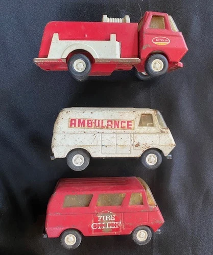 LOT of 3 Vintage 1970s Tonka Trucks - Ambulance, Fire Truck, Fire Chief Van 5.5"