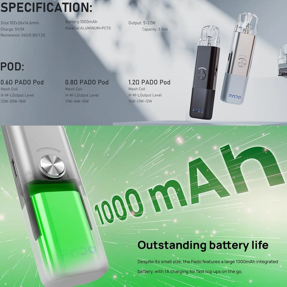 PADO Kit Vape Pen 1000Mah 22W Sigaretta Elettronica Con 2 Pezzi Pado Pod 0.6Ohm - Immagine 3 di 4