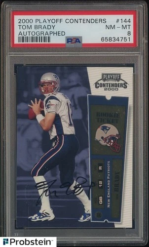 2000 Playoff Contenders Rookie Ticket #144 Tom Brady RC ON CARD AUTO PSA 8