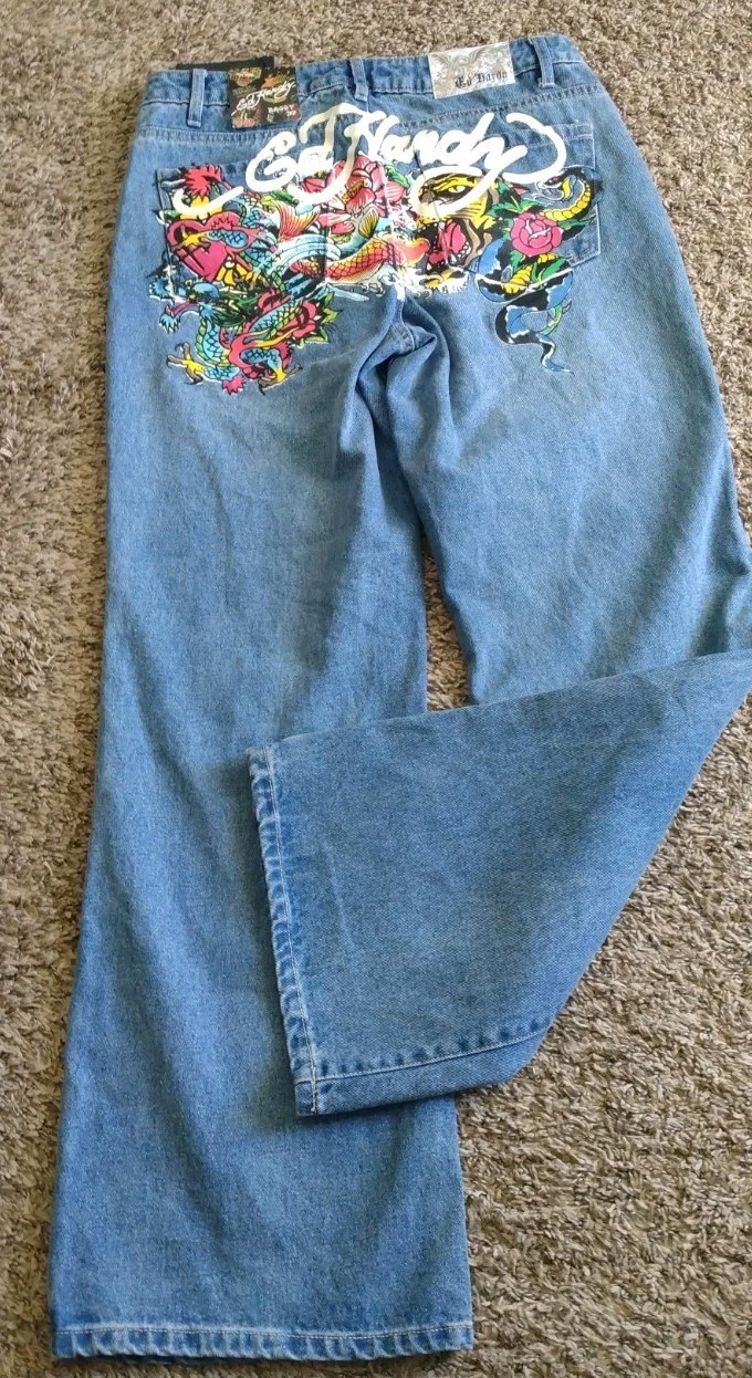 Ed Hardy Blue Denim Baggy Wide Leg Jeans Unisex Men Women 30 Tattoo Ink Art Koi