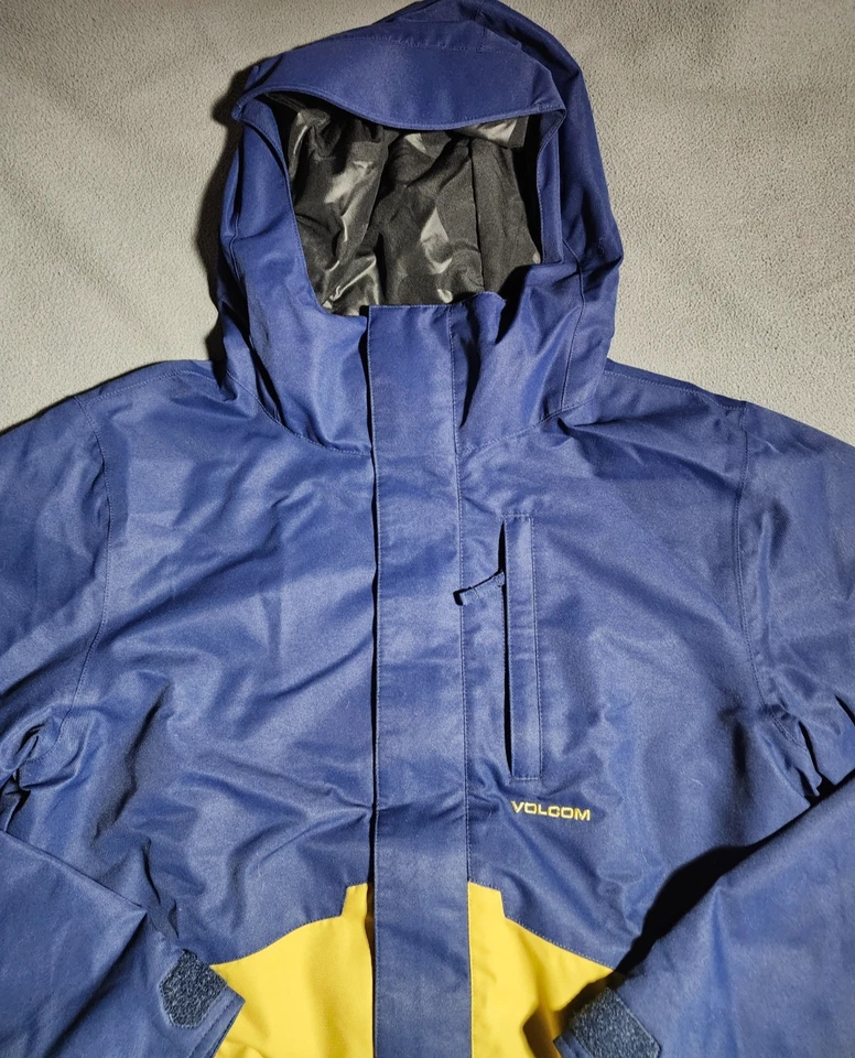 Volcom Ski Jacket Mens Small Yellow Blue Color Block Water Resistant Hooded Logo - Image 2 of 4