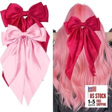 2 Pcs Hot Pink Satin Hair Bows,Large Pink Hair Bow Clips Light Pink Hot Pink