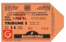 Ticket CWC 2 RSC Anderlecht (Belgium) 2 - 0 FC Barcelona (España) 18/10/1989