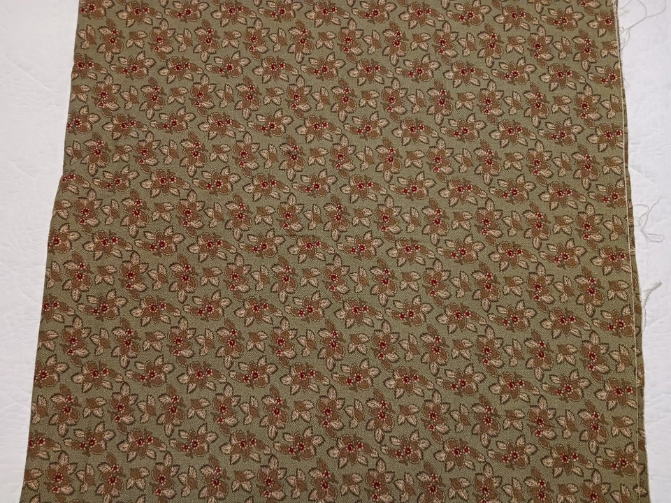 Folk Art Christmas II for Moda Cotton Fabric Olive Green w Leaves Red Flowers - Image 3 of 4