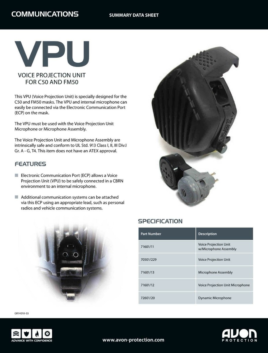 Avon VPU for C50 /M50 Gas Mask -Powered Voice Projection Unit Amp